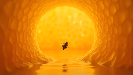 lone bee descends heart gleaming golden honeycomb cell partially submerged pool warm nectar within