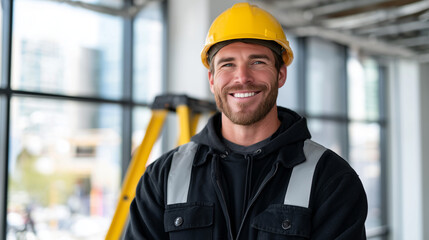 Technician in uniform smiling as he tests a newly mounted fire alarm device, ladder nearby, bright natural light flooding through large windows of an office under construction