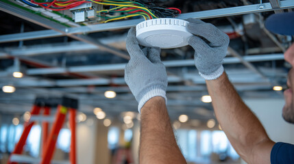 Close-up of a technicianâs gloved hand fixing a smart smoke detector onto a white ceiling panel, with digital wiring and circuit boxes visible in a partially completed commercial s