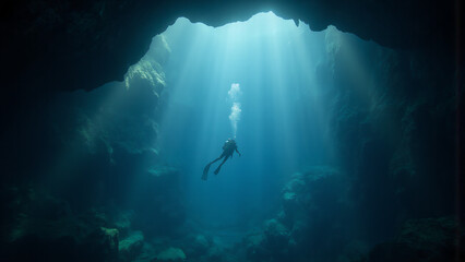 scuba diver glides vast underwater cavern surrounded ethereal light rays piercing darkness casting shimmering shadows