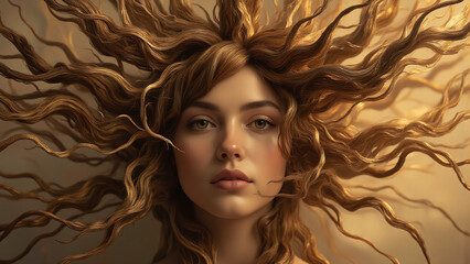 serene portrait woman face framed intricately layered hair reminiscent tree branches soft golden