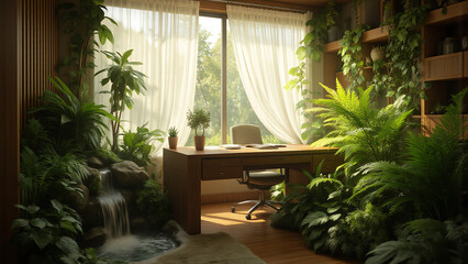 serene desk nestled among lush greenery bathed soft indirect sunlight filtering sheer curtains surrounded warm wooden accents