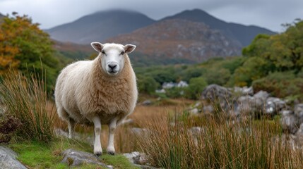 Obraz premium A fluffy white sheep stands in green grass, surrounded by distant mountains and soft clouds under a serene sky