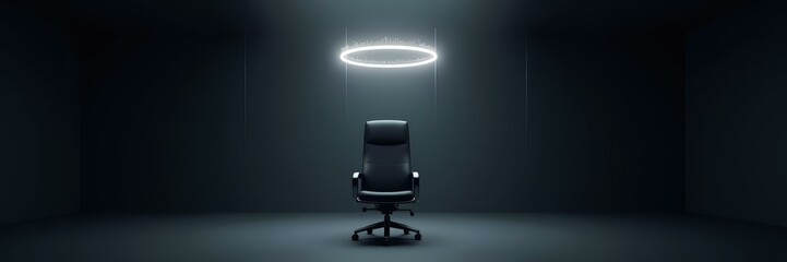 Stylized data visualization scene with hovering metric interface above premium executive seat in minimal workspace.