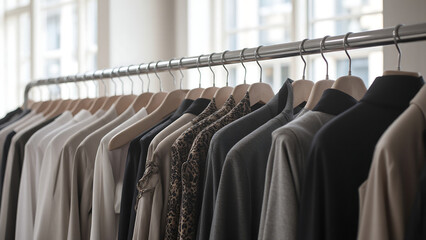 sleek row garments hangs meticulously polished silver rods illuminated soft natural light spilling boutique