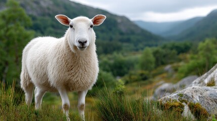 Obraz premium A fluffy white sheep stands in green grass, surrounded by distant mountains and soft clouds under a serene sky