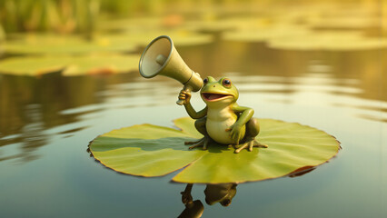 smiling frog perches lily pad megaphone ready bathed soft warm sunlight ripples serene water reflected behind