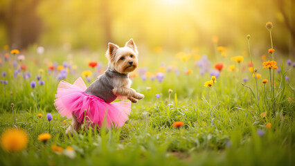 small fluffy yorkshire terrier wearing bright pink tutu stands alone lush green meadow ablaze vibrant wildflowers warm
