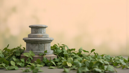 stone pedestal sits atop weathered wooden base amidst tumble foliage soft focus background muted