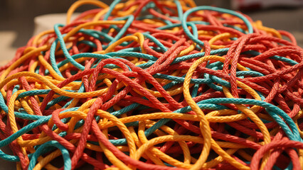 tangled mess bright red turquoise yellow ropes twist together mesmerizing composition soft natural light casting