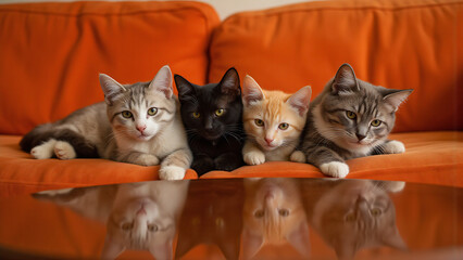 trio sleek felines bespoke coats lounge together vibrant orange velvet sofa whiskers illuminated soft natural light