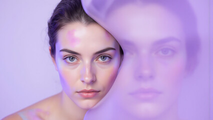 woman vibrant multicolored face reflected calm dewy skin gazes away serene backdrop soft natural