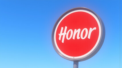 bold red stop sign stands bright blue sky stylized letters emblazoned white atop circular metal