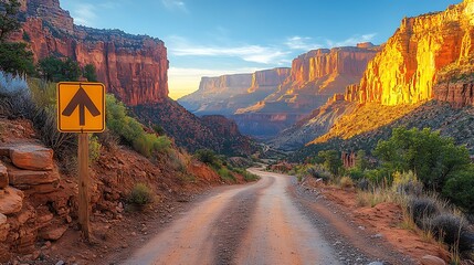 Scenic canyon road with directional sign