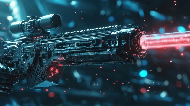 Futuristic laser rifle emitting a powerful beam of red energy amidst a bokeh background