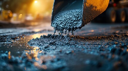 A cement mixer truck pouring fresh wet concrete onto the ground, with a smooth texture and small stones visible in the mix.