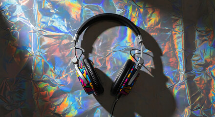 Vibrant Headphones on Holographic Background Music, Audio, and Sound
