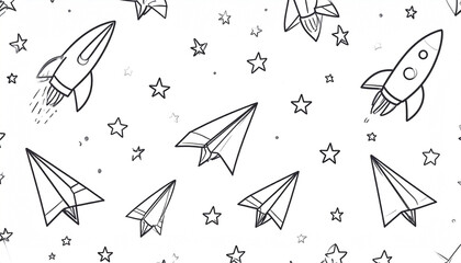 Seamless pattern of hand-drawn rockets and paper airplanes amidst scattered stars on a white background.  The simple line drawings create a whimsical, childlike aesthetic