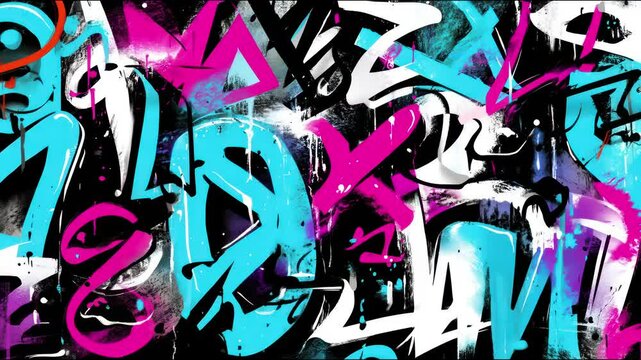 Bold graffiti of chaotic brush strokes, letters, and numbers in neon pink, cyan, and white on black