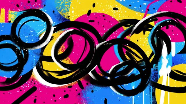 Abstract black swirls dance across a vivid background of cyan, magenta, yellow, and electric blue