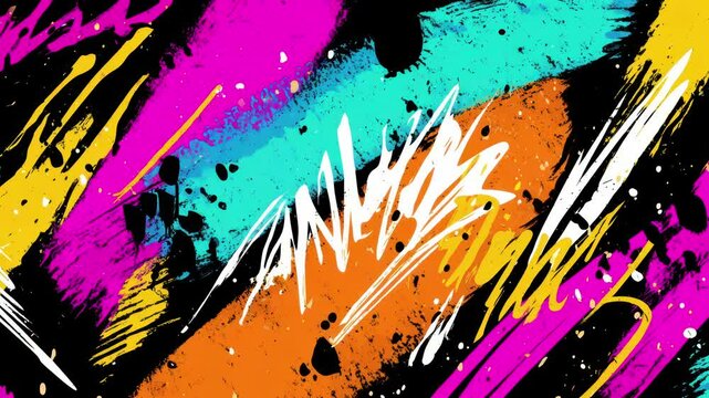 Vibrant paint strokes in orange, pink, teal, and white clash over black in a bold abstract graffiti