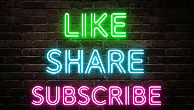 Neon Sign Text Like Share Subscribe on Brick Wall Background - Powered by Adobe