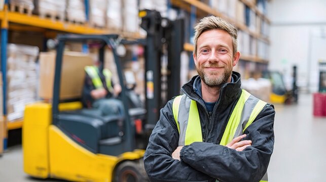 Smiling Warehouse Team Leader Posing with Forklift in Industrial Space