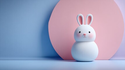 Fototapeta premium Cute white rabbit figurine with pink cheeks and long ears on pastel pink and blue background