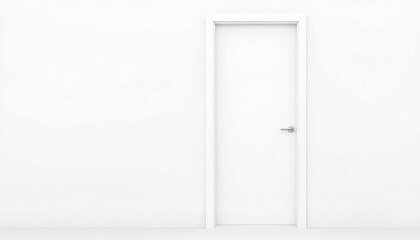 Simple white door with a silver handle on a plain white wall with copy space