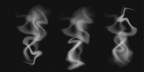 Set of realistic wavy smoke, clouds, cloudiness, smog, fog, haze effect, steam from hot food, barbecue, drinks, cigarette smoke and smoke from a pipe, from a campfire, candles, vape, vector