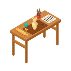 Wooden Art Desk Displaying Pottery and Creative Tools Collection