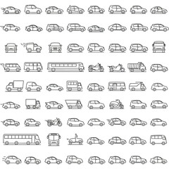 Car icons set. The car from different sides. Side view, back, front, bottom, inside. linear icon collection. Line with editable stroke