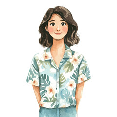Watercolor Portrait of a Woman in a Floral Hawaiian Shirt with Hands Behind