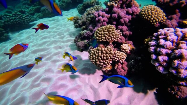 Colorful fish swimming over coral reef in red sea
