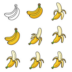 Cartoon bananas. Peel banana, yellow fruit and bunch of bananas. Tropical fruits, banana snack or vegetarian nutrition. Isolated vector illustration icons set