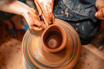 Hands of Adult and Child Making Pottery