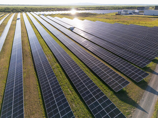 Aerial view of solar power station with energy storage
