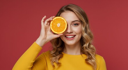 Smiling blonde woman holding orange slice near her eye on plain background