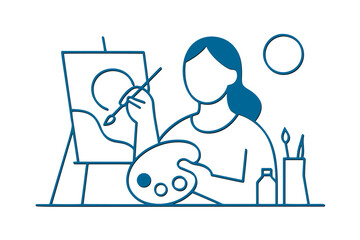 Minimal vector line art  illustration of a female artist painting at an easel with a palette and brushes, flat linear isolated design with simple blue outlines.