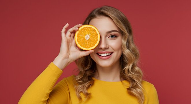 Smiling blonde woman holding orange slice near her eye on plain background