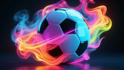 A stunning digital rendering of a soccer ball wrapped in vibrant and colorful smoke effects 4K Ai HD video.
 - Powered by Adobe