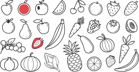 Fruit berry vegetable food line icon vector set.  minimalist vector illustration featuring a large collection of outlined fruits and vegetables.