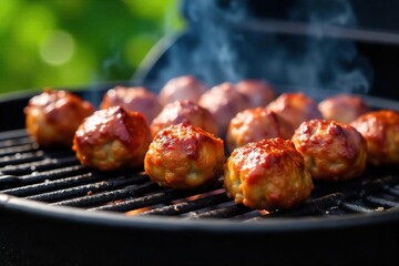 Juicy meatballs sizzling on a hot barbecue grill, smoke rising, ready to be devoured Perfect for summer cookouts and outdoor entertaining , simple recipe, cookout, succulent