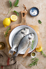 Fresh raw sea bream fish or dorado fish with lemon and herbs, top view
