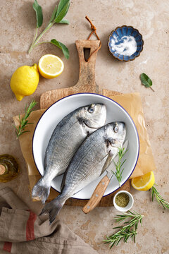 Fresh raw sea bream fish or dorado fish with lemon and herbs, top view