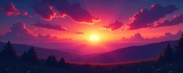 Fototapeta premium The sun dips below the horizon, painting the sky in vibrant hues of orange, pink, and purple as twilight descends Stars begin to twinkle, heralding the arrival of night , darkness, majestic