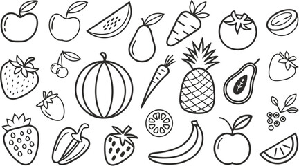 Fruit berry vegetable food line icon vector set.  minimalist vector illustration featuring a large collection of outlined fruits and vegetables.