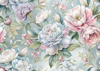 Watercolor pastel peonies floral seamless pattern