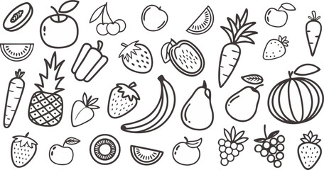 Fototapeta premium Fruit berry vegetable food line icon vector set. minimalist vector illustration featuring a large collection of outlined fruits and vegetables.