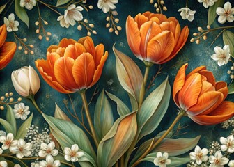 Orange tulips and white flowers on teal background